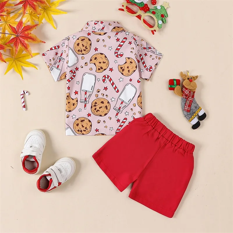 Boys Christmas 2PCS Shorts Sets Short Sleeve Lapel Button Up Shirt Red Shorts Sets