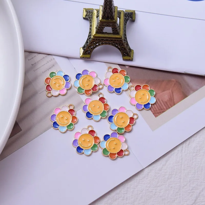 10 Pcs/lot Colorful Sunflower Smile Shaped Pendant Alloy Charms for DIY Jewelry Making Handmade Necklace Bracelet Accessories