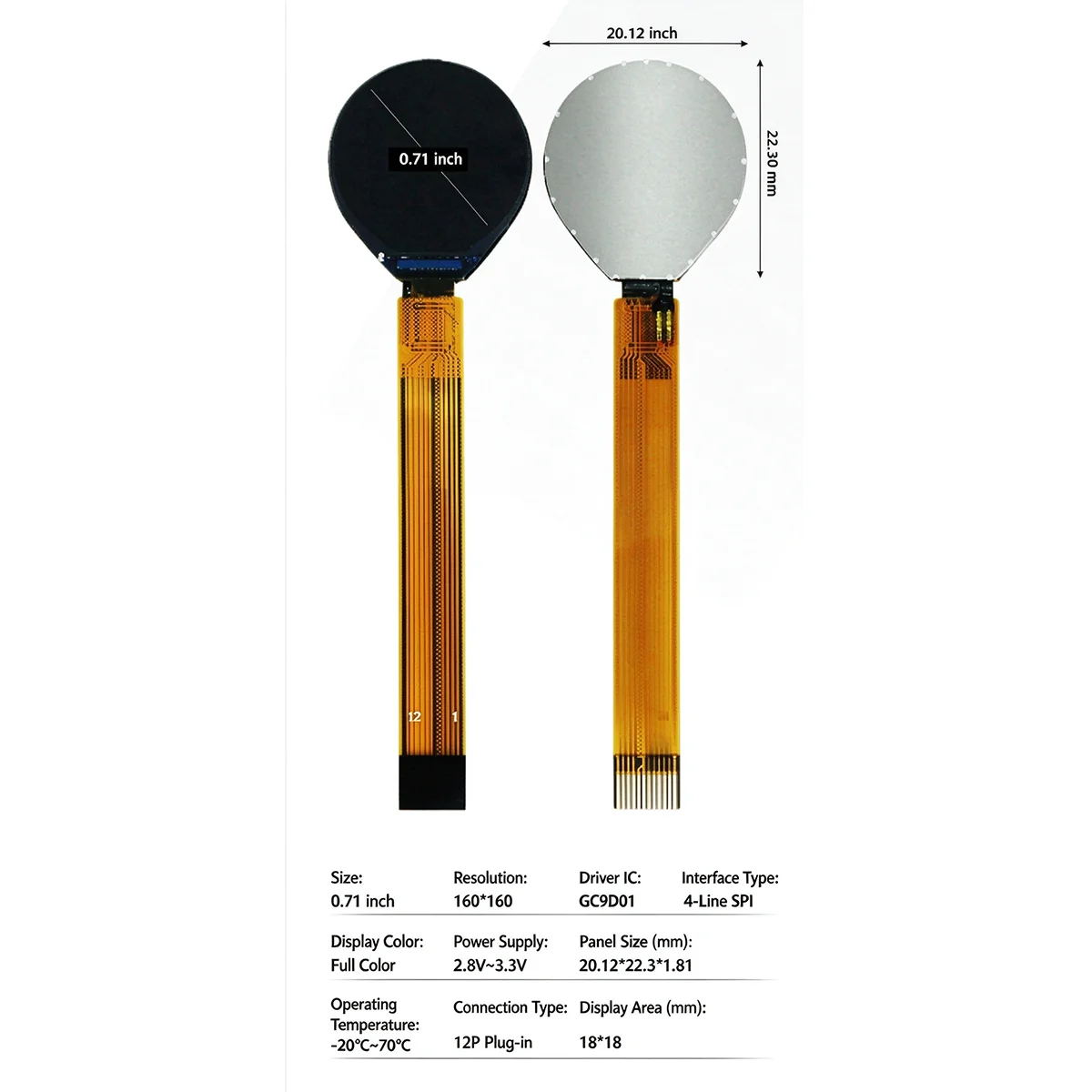 *0.71 Inch Round TFT LCD Module 160*160 GC9D01 4-Line SPI 12P Plug-in Full Color Circular Screen for Smart Watch Instrument M138