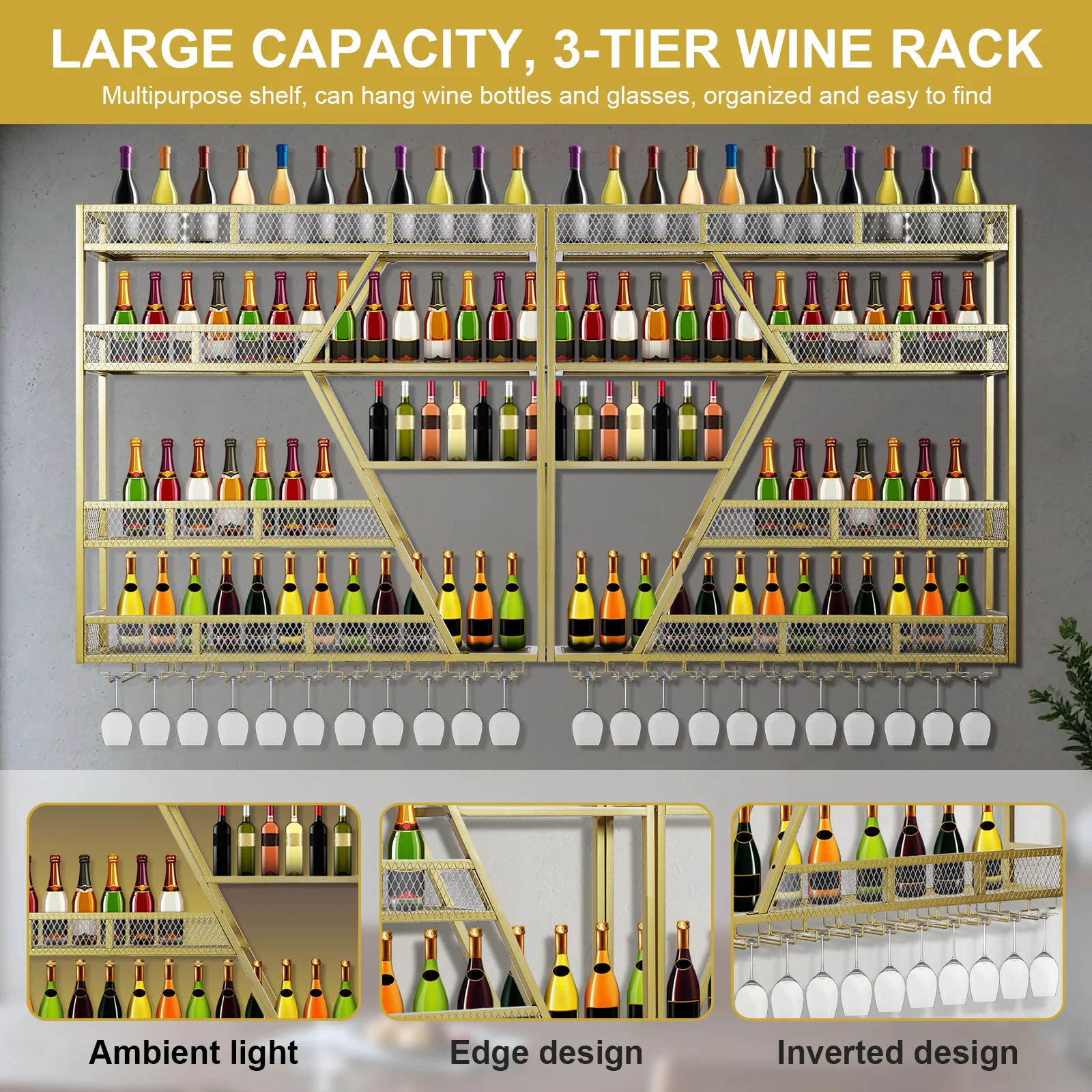 

Metal Wine Bottles Storage Display Storage Shelf with Wine Glass Holder Hanging Bar Liquor Storage Rack for Home & Living Room