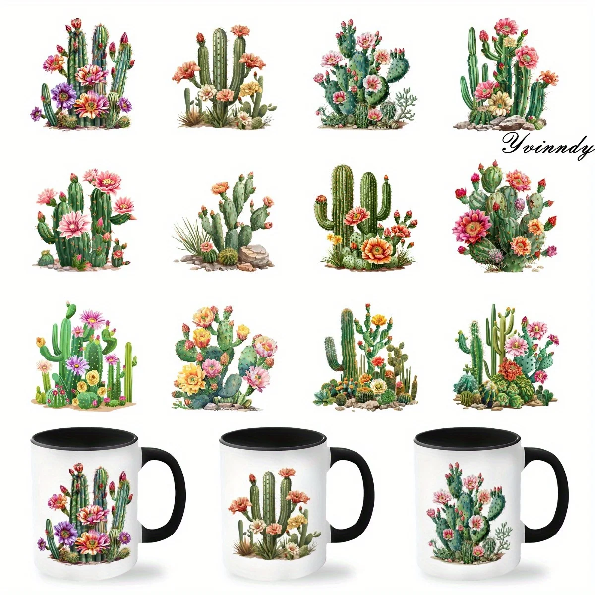 12-teiliges Set Aquarell-Kaktus DIY Glasbecher-Verpackungsaufkleber UV DTF Hochhaftende Transferpapiere zur Becherdekoration