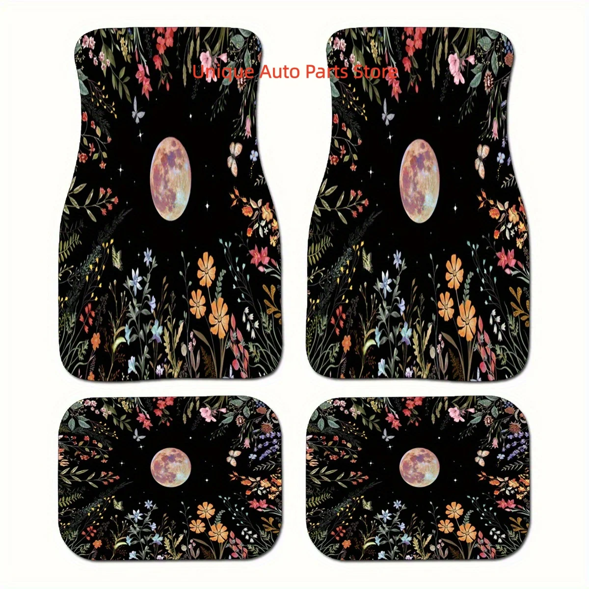 Set of 4 Stunning Floral Moon Pattern Car Floor Mats for Vehicles - Complete Front And Rear Universal Fit for Interior Protectio