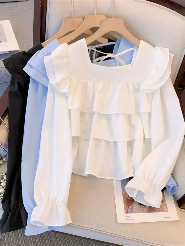 

French Sle Loose Women's irt Spring Autumn Design Sensation Small ence Chiffon Top Belly Covering Slimming Loose Top