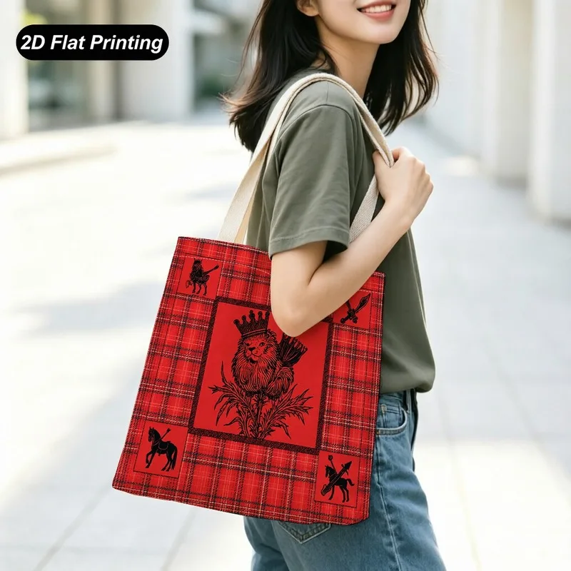 1PC【Tote Bag】New large-capacity vintage-style tote bag，Red checkered lion with crown pattern2DFlat effect，Size15.7in*13.8i