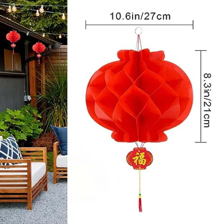 16 قطعة فوانيس زينة السنة الصينية الجديدة 10 بوصة فانوس ورقي أحمر معلق للاحتفال مهرجان الربيع الصيني ديكورا #4