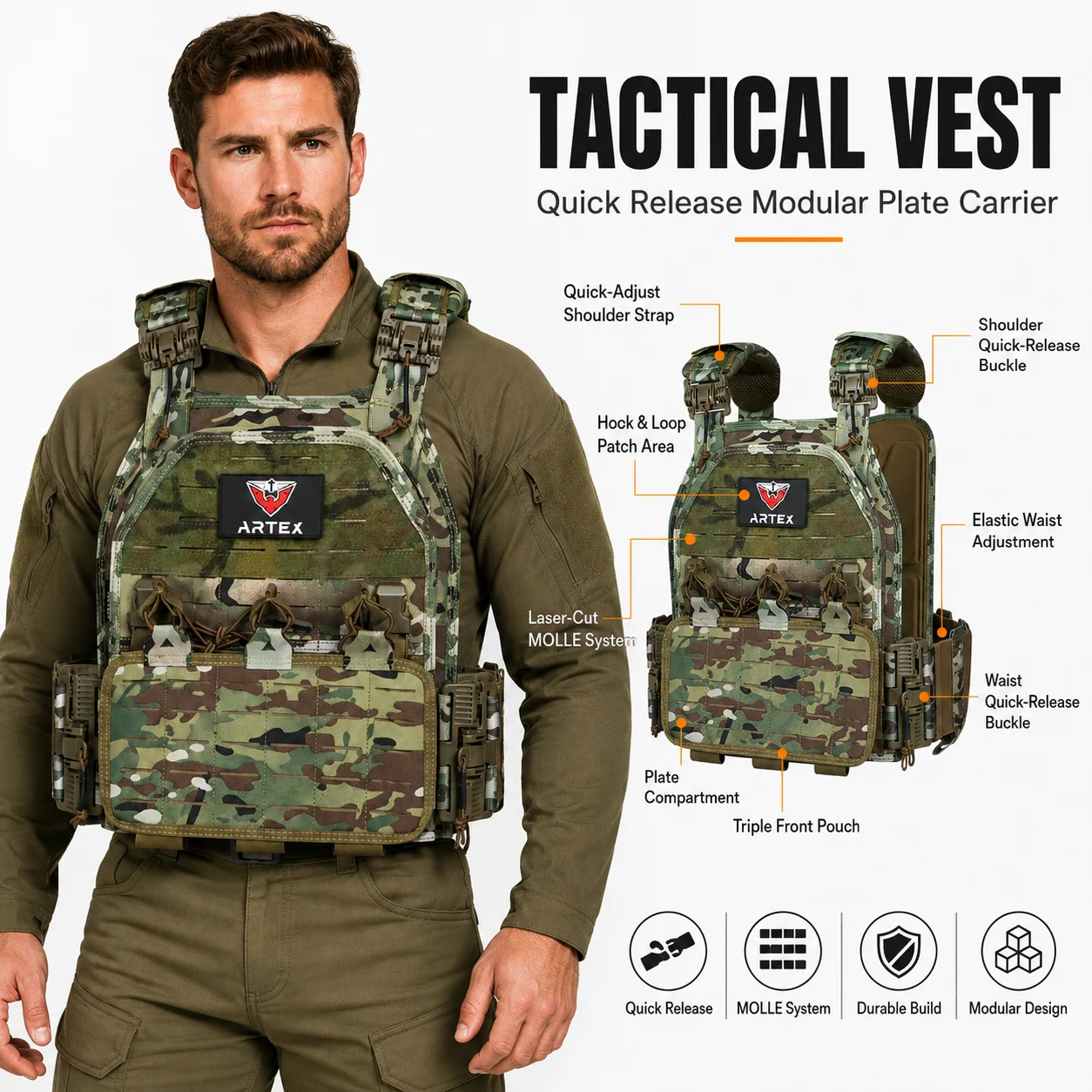 ARTEX 6094 1000D Tactical Plate Carrier Vest Adjustable  Quick Release with 5.56 Triple Mag Pouch for Airsoft Hunting