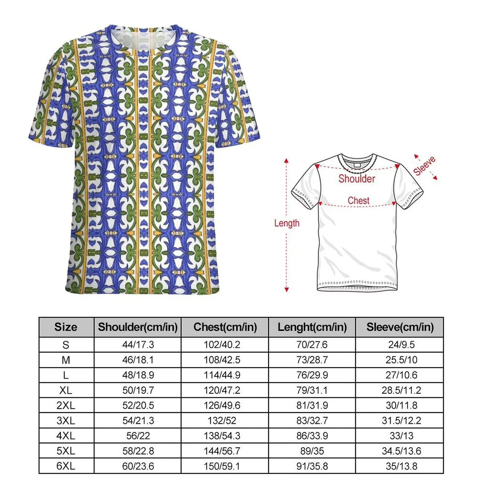 Blue Green Majolica Border Print T-Shirt  Vintage T Shirts Men Basic Tee Shirt Premium Short Sleeves Pattern Tops Plus Size 6XL