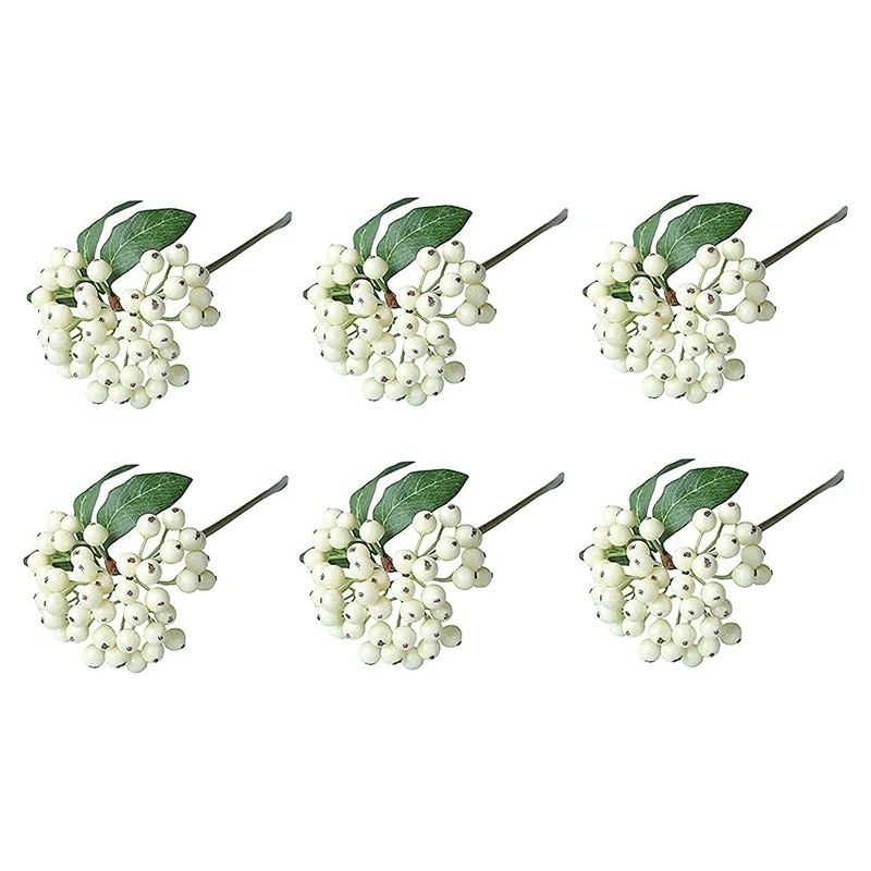 6 Pcs Artificial White Holly Berry Stem Realistic Bouquet For Wedding Party, Berry Ornaments Fake Berry For Home