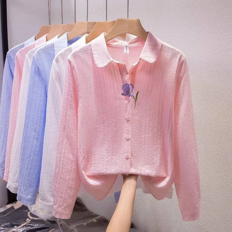 

Women's Embroidered Long Sleeve Cotton Shirt Solid Color Casual Blouse