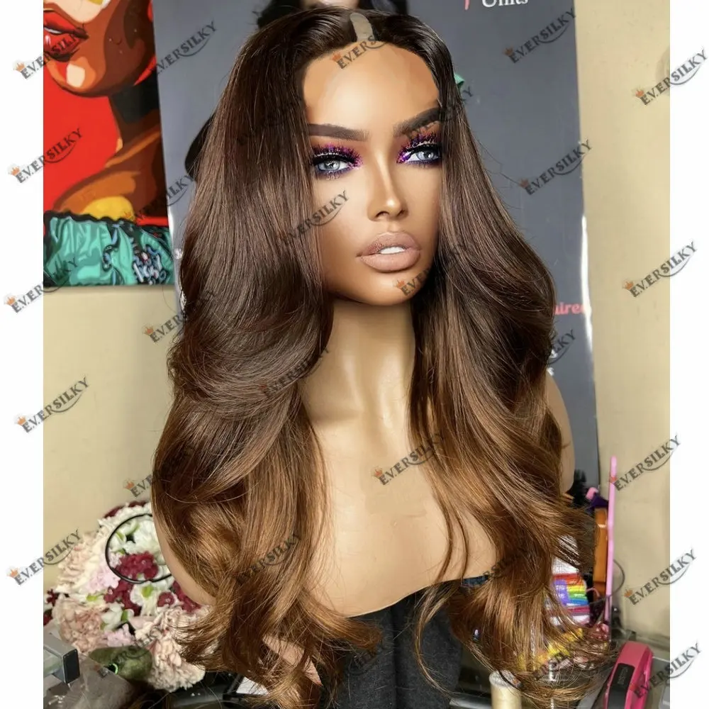 Brown Ombre Honey Brown 100%Brazilian Human Hair Wig U Part Wig Natural Wave Baby Hair V Part Wig Human Hair Preplucked Glueless