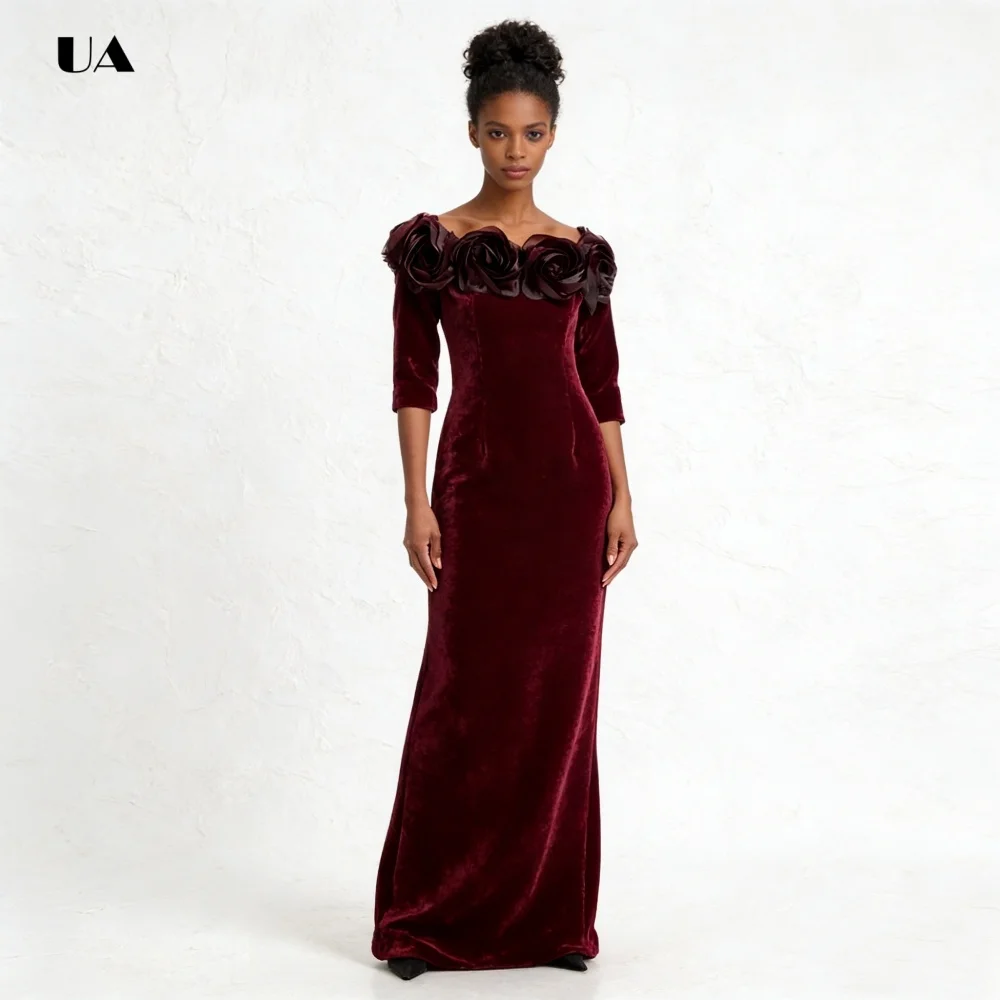 

Elegant Column Prom Dress with Satin 3D Floral Appliques,Solid Velvet Evening Dress,Customized Party Gown with Off the Shoulder