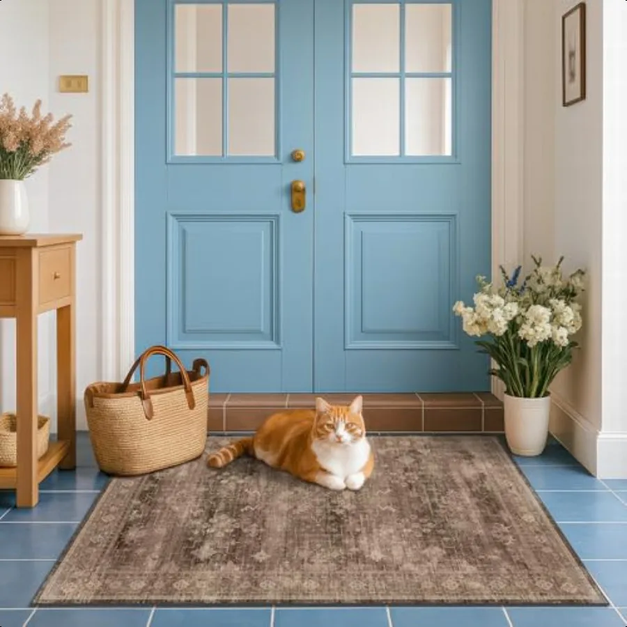 

Boho Taupe Brown 3x5 Large Entryway Rug Modern Traditional Eclectic Oriental Neutral Washable Low Pile NonSlip Area Rugs for D