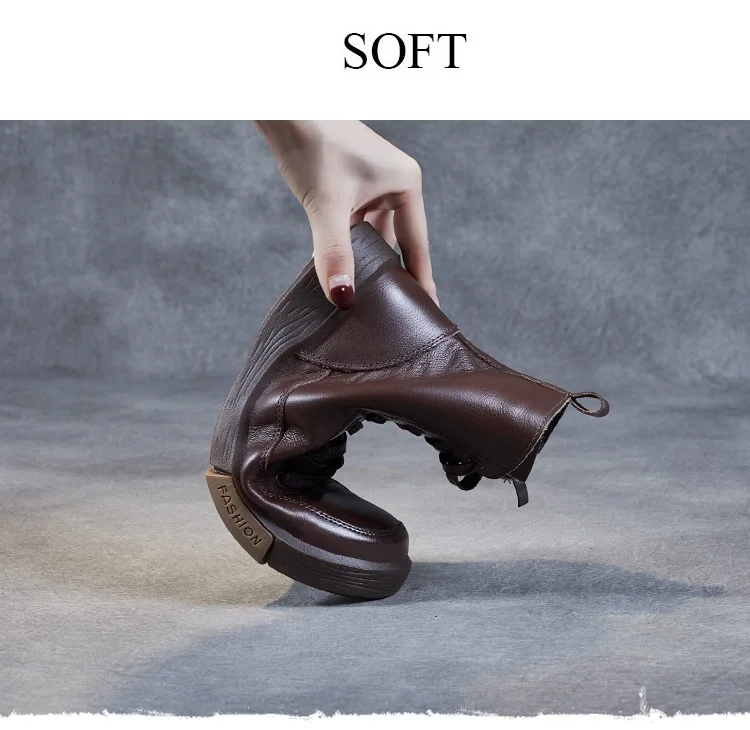 DRKANOL Frauen Echtes Leder Kurze Stiefel Runde Kappe Aus Echtem Leder Handgemachte Retro Street Style Winter Warme Wohnungen Stiefeletten – Detail 7
