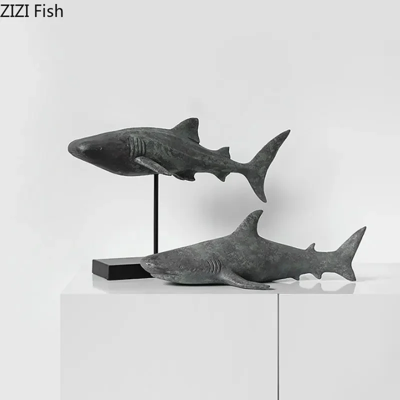 Simulated Animal Model Shark Statue Room Aesthetics Desk Decoration Retro Shark Sculpture Resin Ornaments Vintage Home Decor