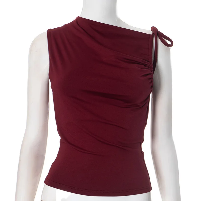 

2025 New Elegant Sleeveless Skew Collar Ruched Lace-Up Bodycon Crop Top Women Sexy Casual Tank Tops Party Club Streetwear Summer