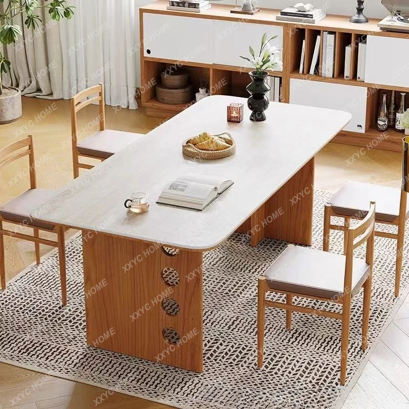LXTravertine rock slab dining table  retro style home black birch light luxury dining table