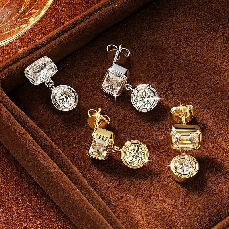 Rrjzz 5 mm runder Moissanit-Ohrring mit 4 x 6 mm Smaragdschliff, kubischer Zirkonia, Verlobungs-Ohrstecker für Frauen, baumelnde Ohrringe, Schmuck, Geschenke – Detail 7