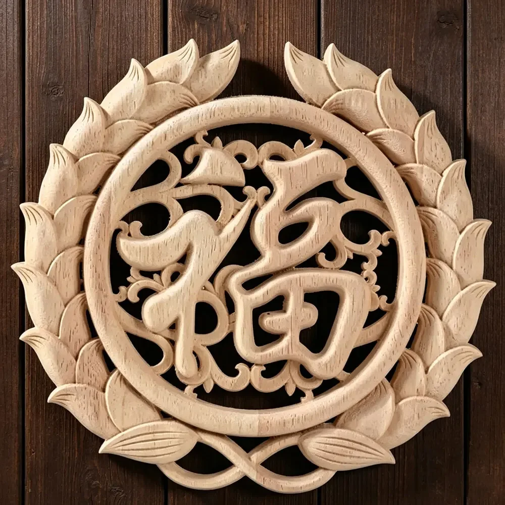 6cm-40cm Carved Flower Carving Round Wood Appliques for Furniture Cabinet Unpainted Wooden Mouldings Decal Decorative Figurine