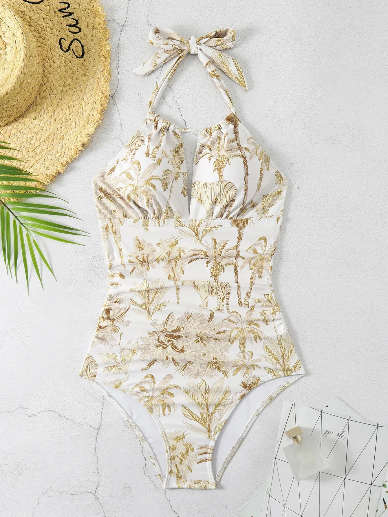Traje de baño de una pieza con estampado de jungla de tigre de moda para mujer; traje de baño festivo