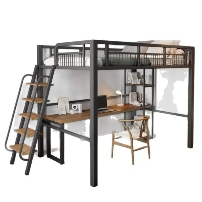 Wrought Iron Loft Bed with Desk Ladder Bunk Frame for Youth Apartment Space Saving Elevated Sleeping Furniture