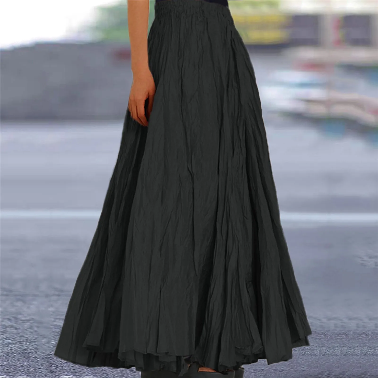 Ladies Fashionable Casual Half Bodies Skirts High Waist Fold A Line Dress Solid Color Vintage Loose Beach Maxi Long Skirts