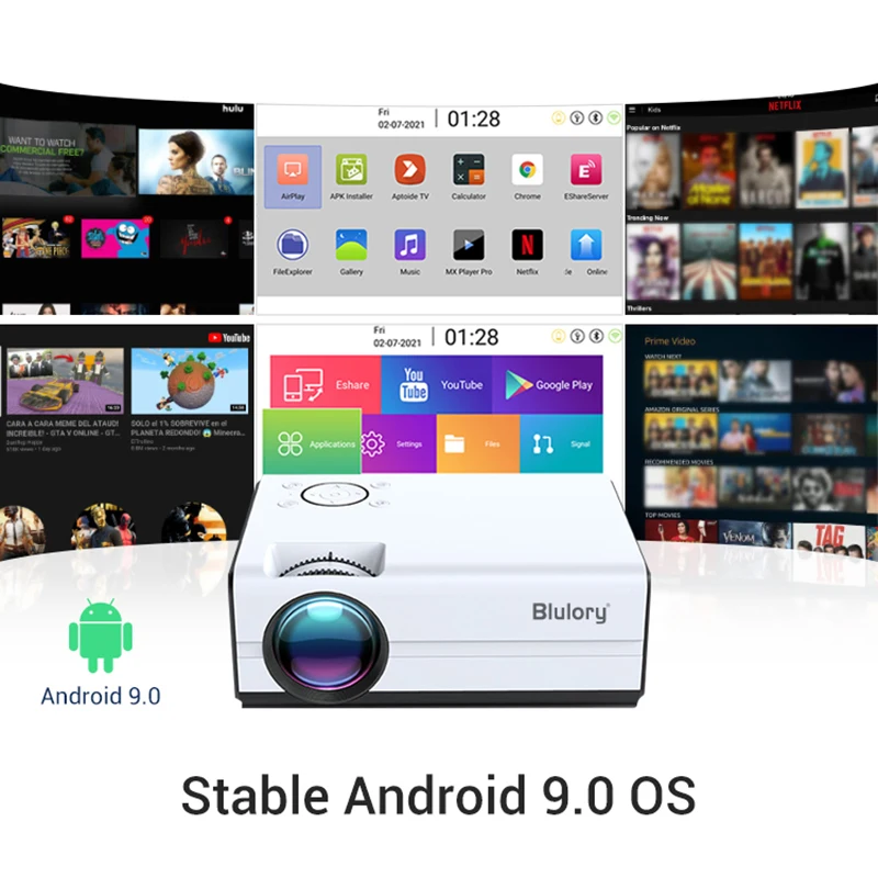 Blulory proiettore Home Theater portatile T1 HD 1080P Android 9.0 1GB 8GB RAM 4K videoproiettore LED per telefoni Home Theater