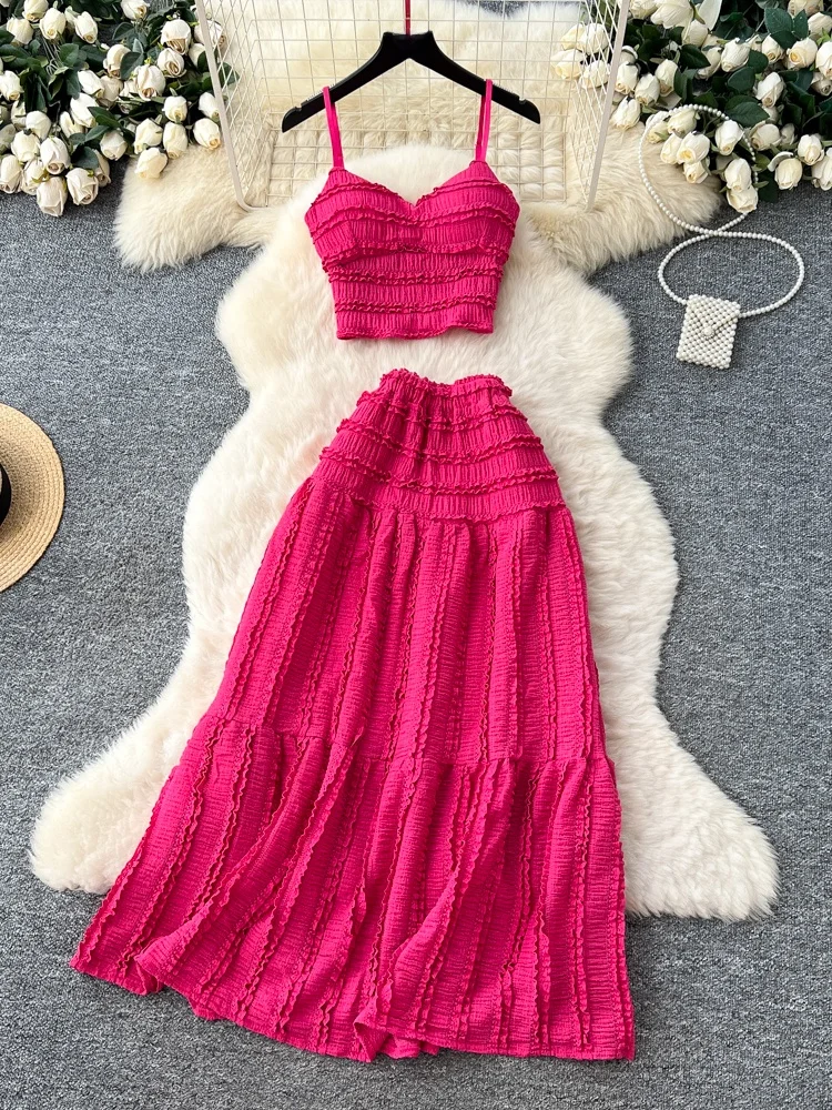 Ele Sommer-Damen-Zweiteiler-Set, hohe Taille, drapierter Rock, schmale Passform, Tank-Top mit Holz, lässiges Faion-Ensemble