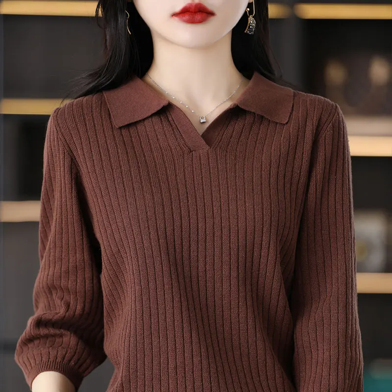 Women Turn-Down Collar Pullover Elbow Sleeve Solid Color Minimalist Style Soft Pure Cotton Clothing Classic Versatile V-Neck Top