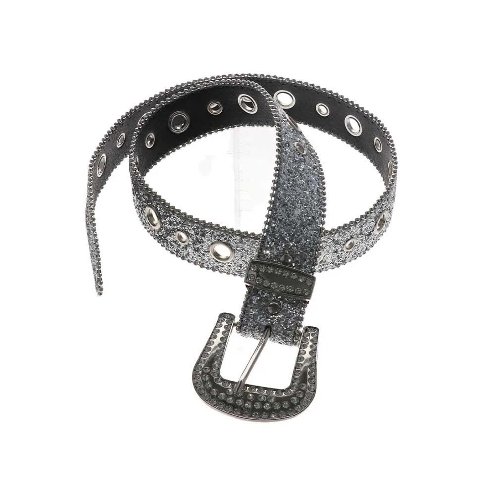 

Vintage Beads Bordered Shiny Wide Belt Y2K Solid Color Rhinestone Waistband Strap Buckle Jeans Decor Women PU Belt Men