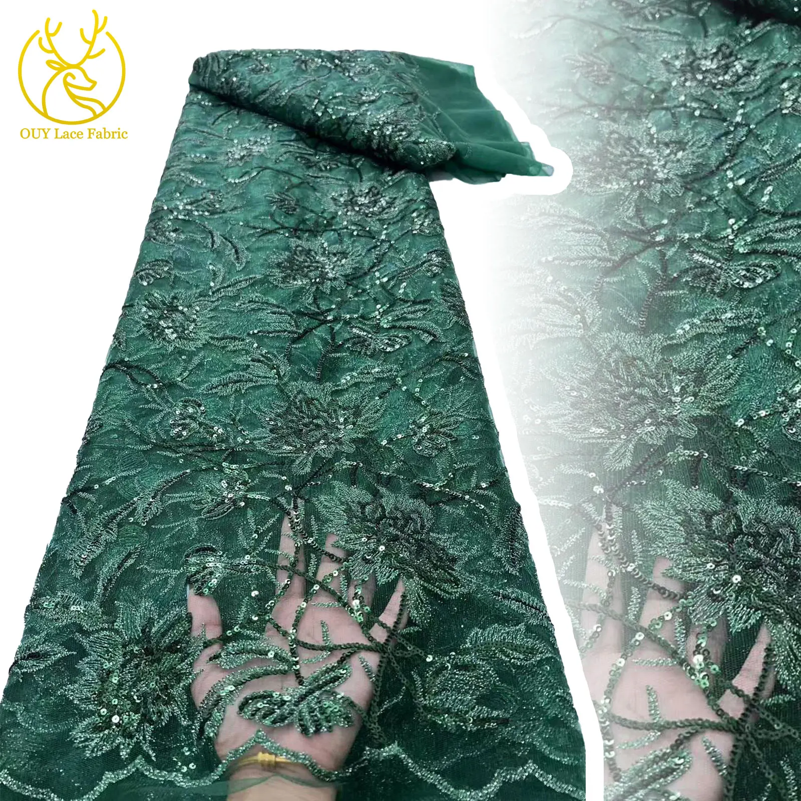 

Green French High-End Elegant Groom Embroidered Lace Fabric 2025 Premium African Nigerian Sequin Tulle Lace Fabric Party Dress