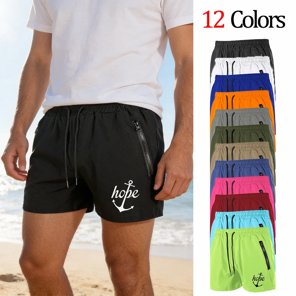 

Men's Summer Quick Dry Beach Shorts with Double Zipper Pockets Hope Anchor Print Gym Fitness Running Swim Trunks 12 Colors