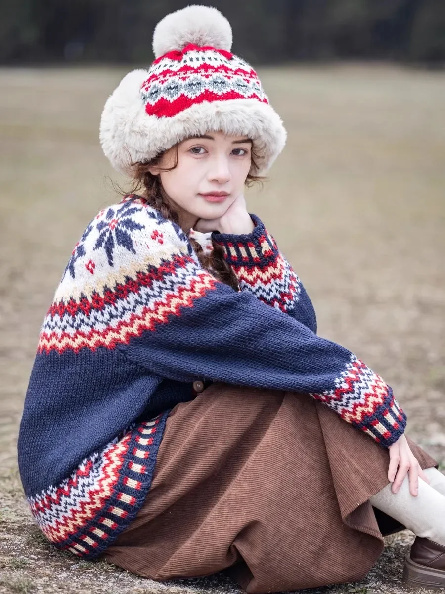 102cm bust Fall Winter Cardigans Coats Women Fair Isle Nordic Vintage Pure Handmade Thick Warm 100% Wool Handknit Sweaters