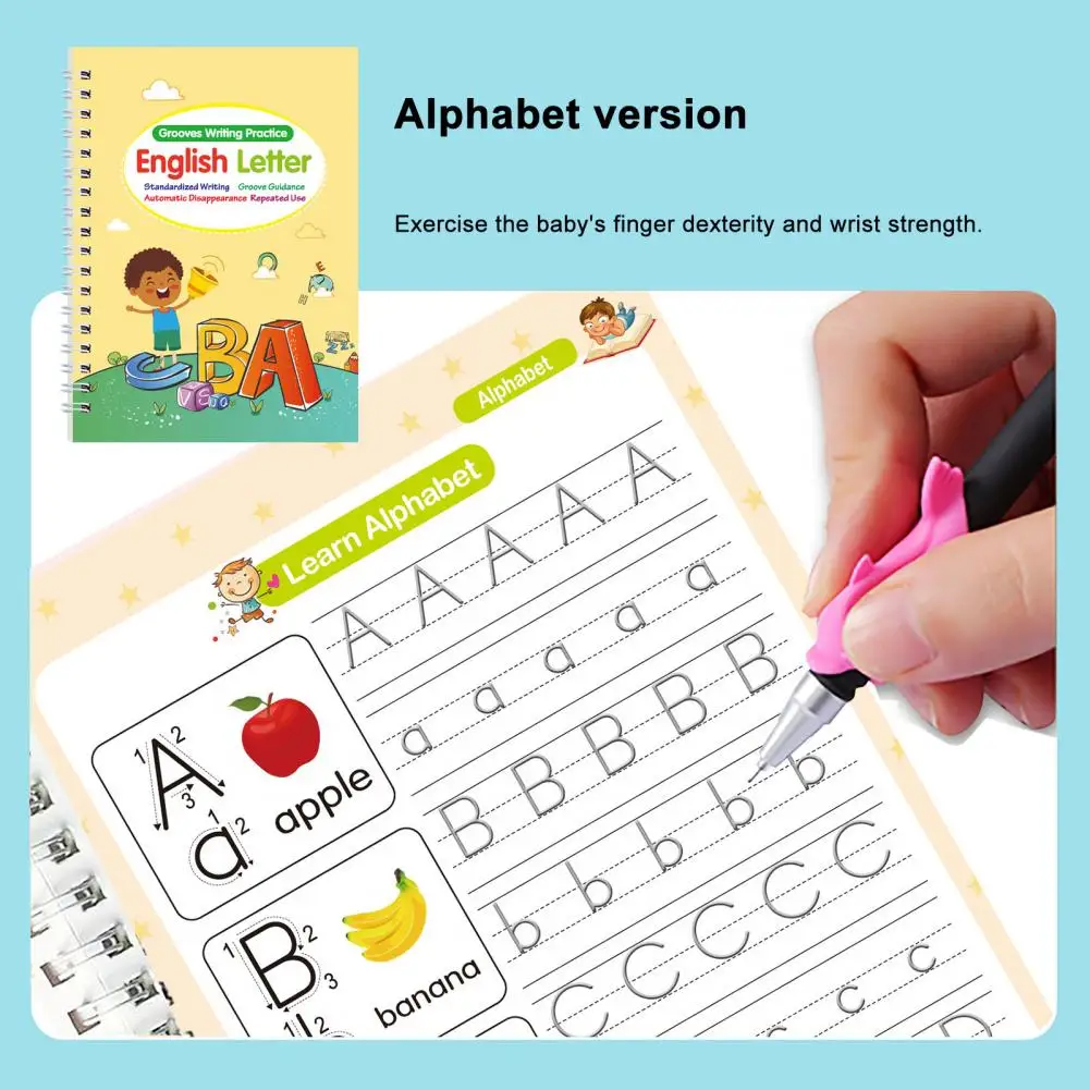 

Рабочая тетрадь с буквами для детей, многоразовые детские рабочие тетради для практики рукописного ввода со стержнями для ручек, захват для карандашей, алфавит для письма
