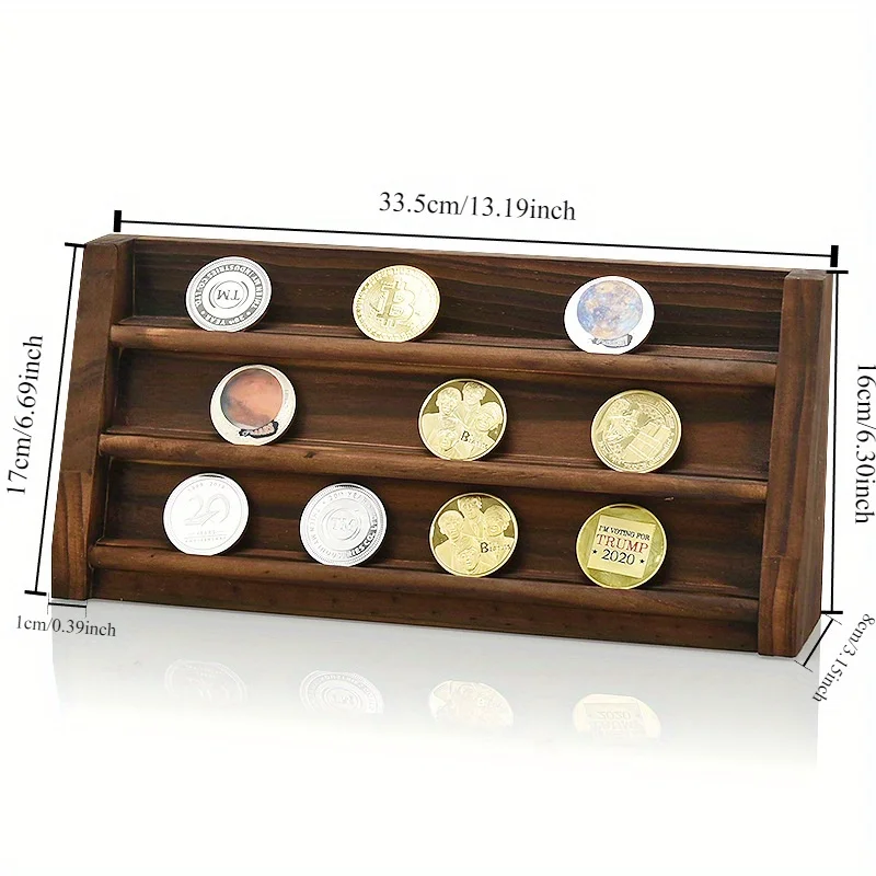 3-layer Wooden Commemorative Coin Display Rack with Pine Wood Burning Color for Coin Collection Items