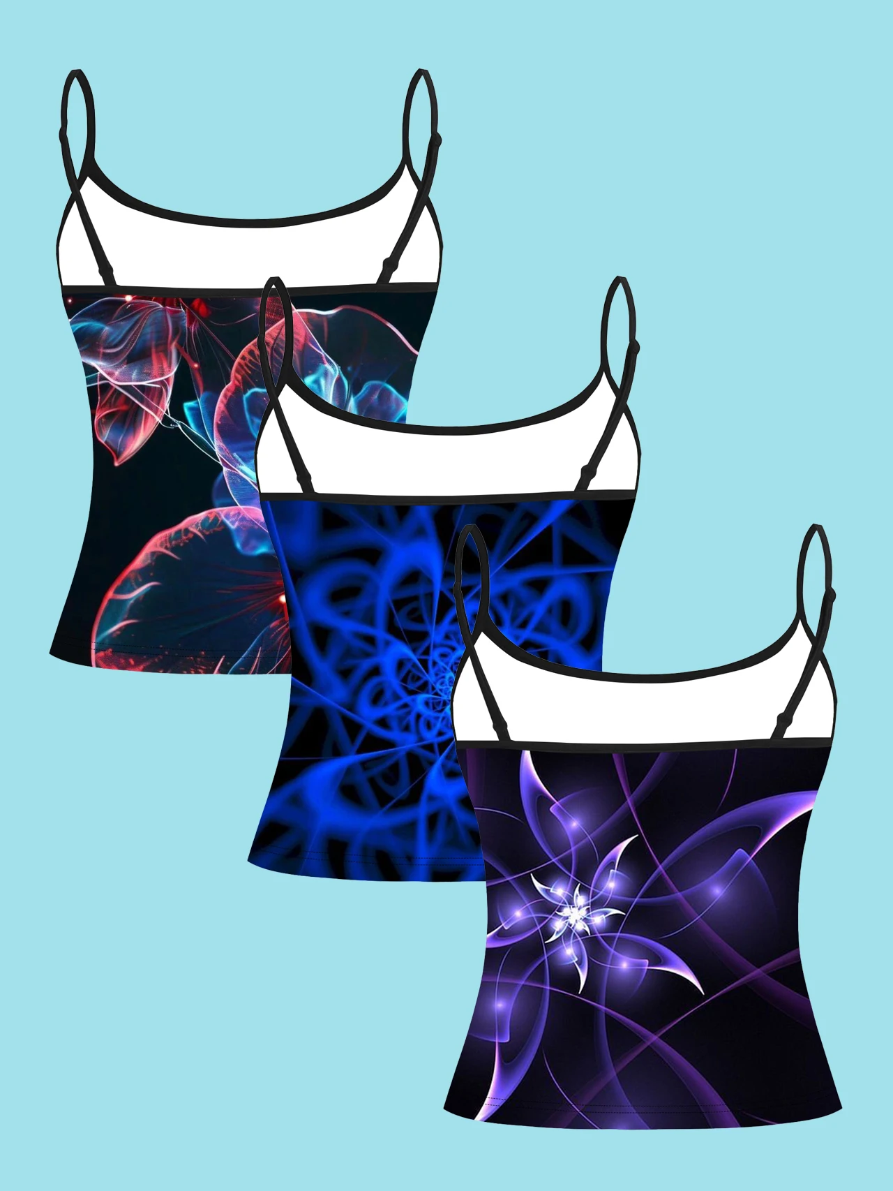 3-Pack Women's Neon Kaleidoscope Print Camisole, Cyber Style Luminous Pattern Slim-Fit Spaghetti Strap Sleeveless Base Top