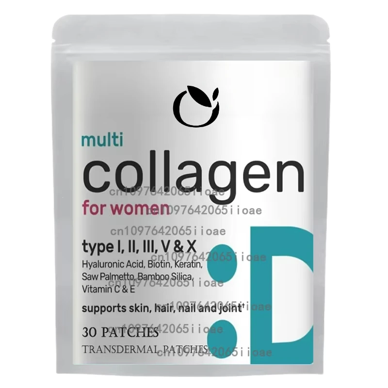 

30 таблеток гидролизованных коллагеновых пептидов с витамином С, Е и биотином, транспьютерными заплатками для волос, кожи, ногтей и суставов.