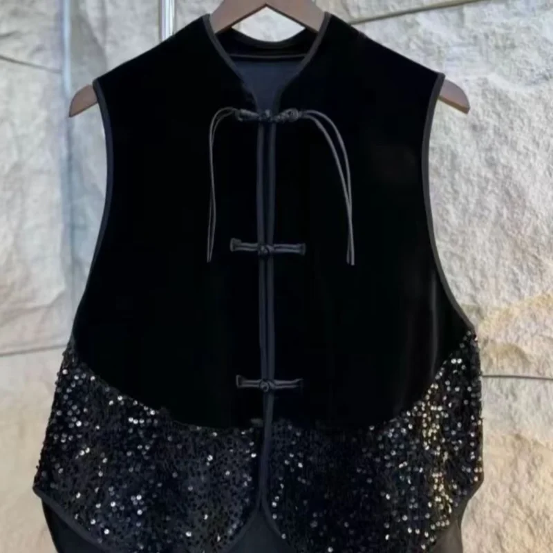 New Chinese Style Premium Button Elegant Veste Femme Sequin Patchwork Heavy Sleeveless Vest Velvet Slim Moda Coat