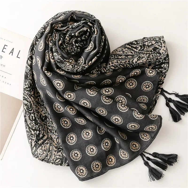 Soft Linen Cotton Scarf Shawls Women Luxury Premium Foulard Femme Long Spotted leopard print Tassel Scarfs Scarves Echarpe