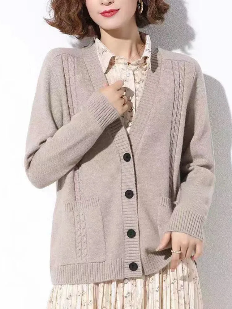 Knitted Cardigan Women Long Sleeve Vintage Solid Color Single-breasted V Neck Knitting Cardigans Chic Tops Fashion New 2023