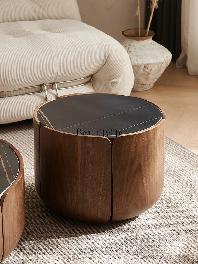 Italian minimalist light luxury round petal solid wood rock slab coffee table combination walnut