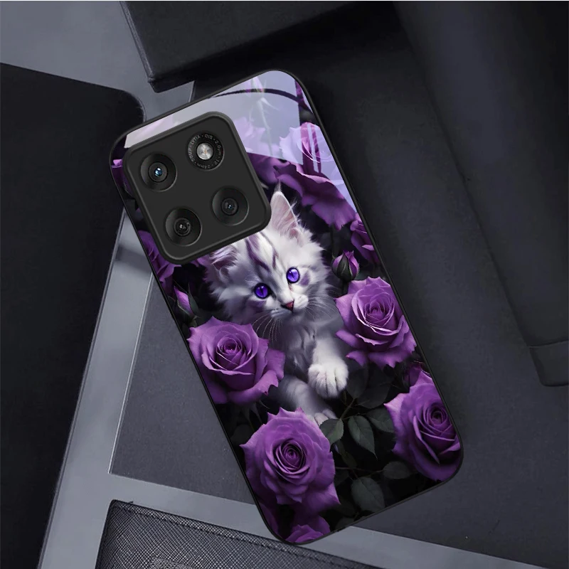 Coque de téléphone en verre noir avec motif de chaton et roses violettes pour Motorola Moto Edge 60 20 Lite 30 70 Pro 40 Neo 50 Ultra G14 G22 35 75