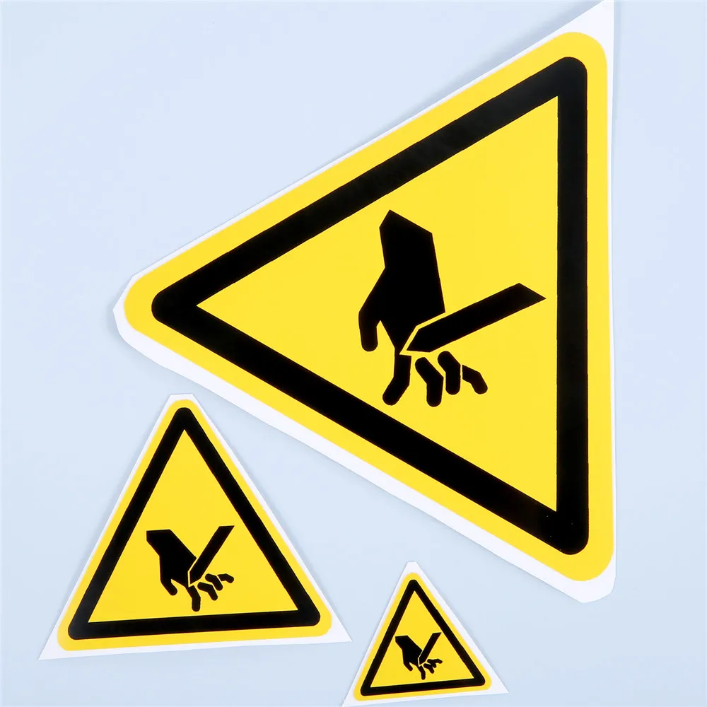 

5pcs Safety Sign Stickers Beware of cutting hands Yellow Black Triangle Warning Tag 25/50/100mm Safe Logo Water&Oil-Proof PVC