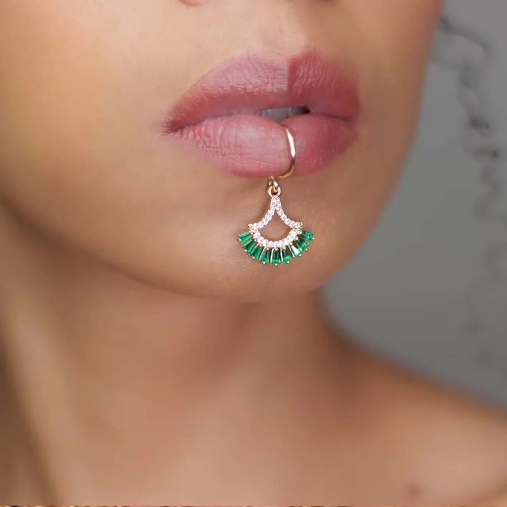 Stonefans Green Crystal Dangle Lip Cuff No Piercing Needed Lip Ring Faux Piercing Sexy Fashion Beach Bikini Pendant Lip Hugger
