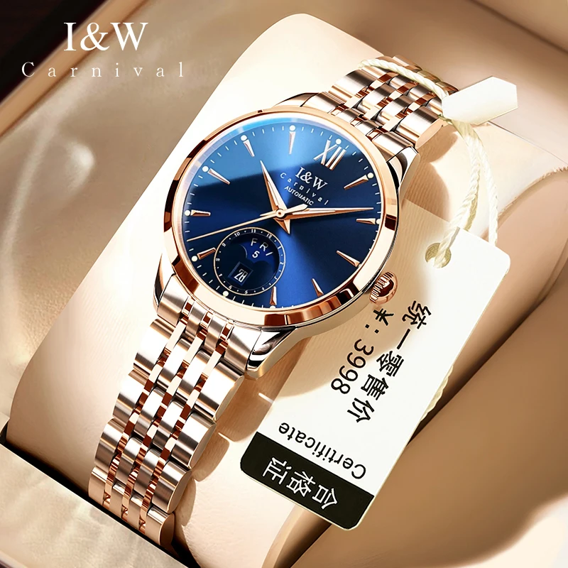 CARNIVAL High-End Series IW Brand Classic Women Mechanical Watch Stainless Steel Sapphire Luxury MIYOTA Movement Womens Watches