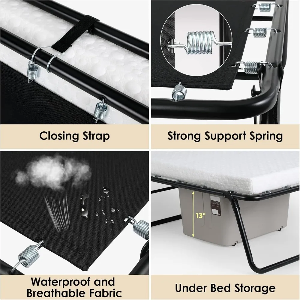 Portable Adult Rollaway Bed with Memory Foam Mattress, 75x35 Inches, Wider Metal Frame for Comfortable Sleeping