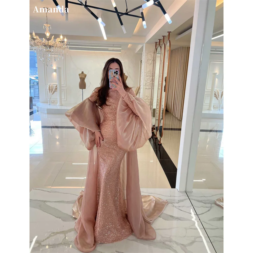 

Amanda Customized Pink Mermaid Shiny Sequins Prom Dresses Long Sleeve Shawl vestidos de noche Floor-Length Formal Evening 2025