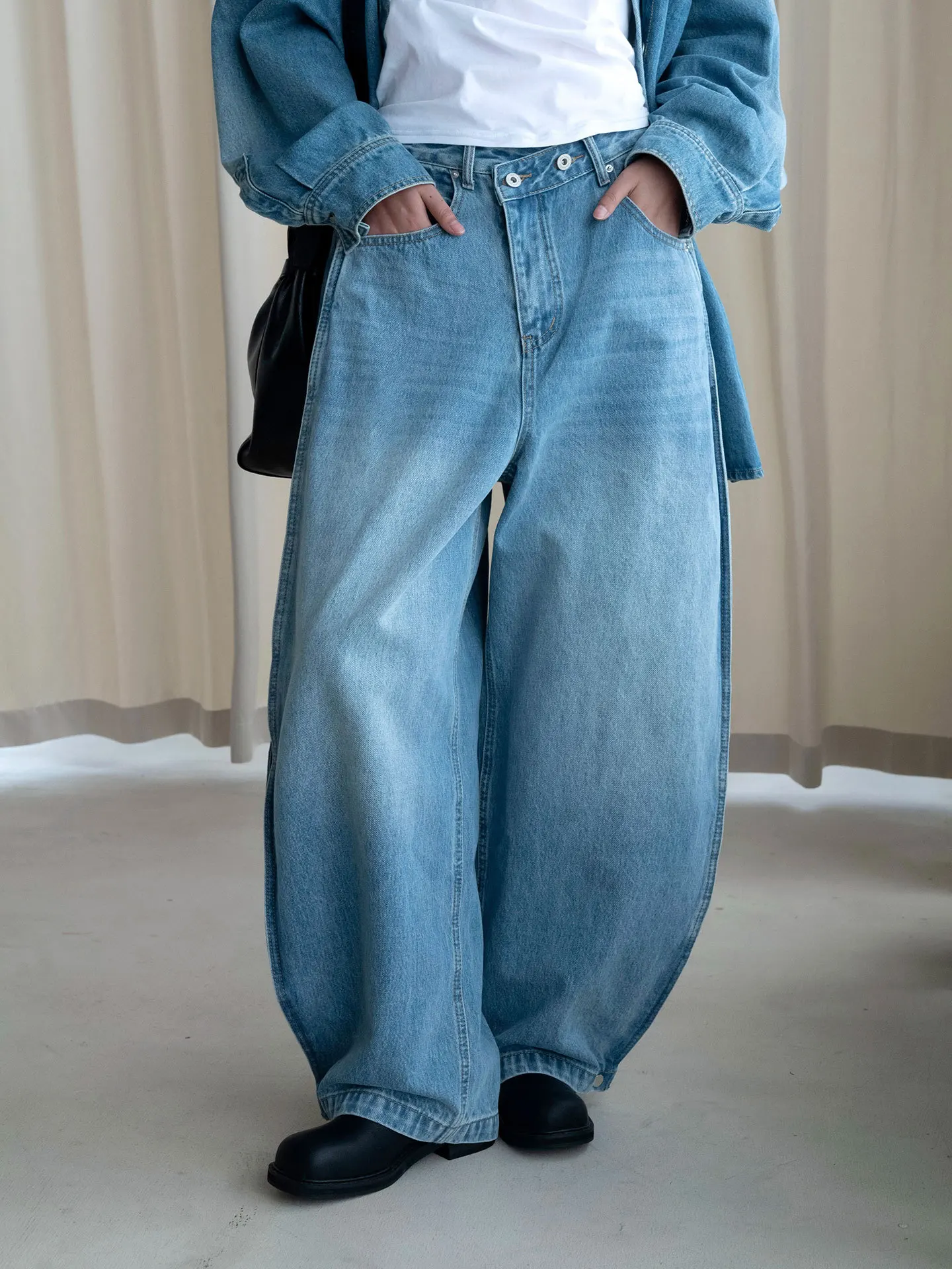 Autumn new Japanese style design asymmetrical slanted placket heavy cocoon shaped jeans slimming pants for women