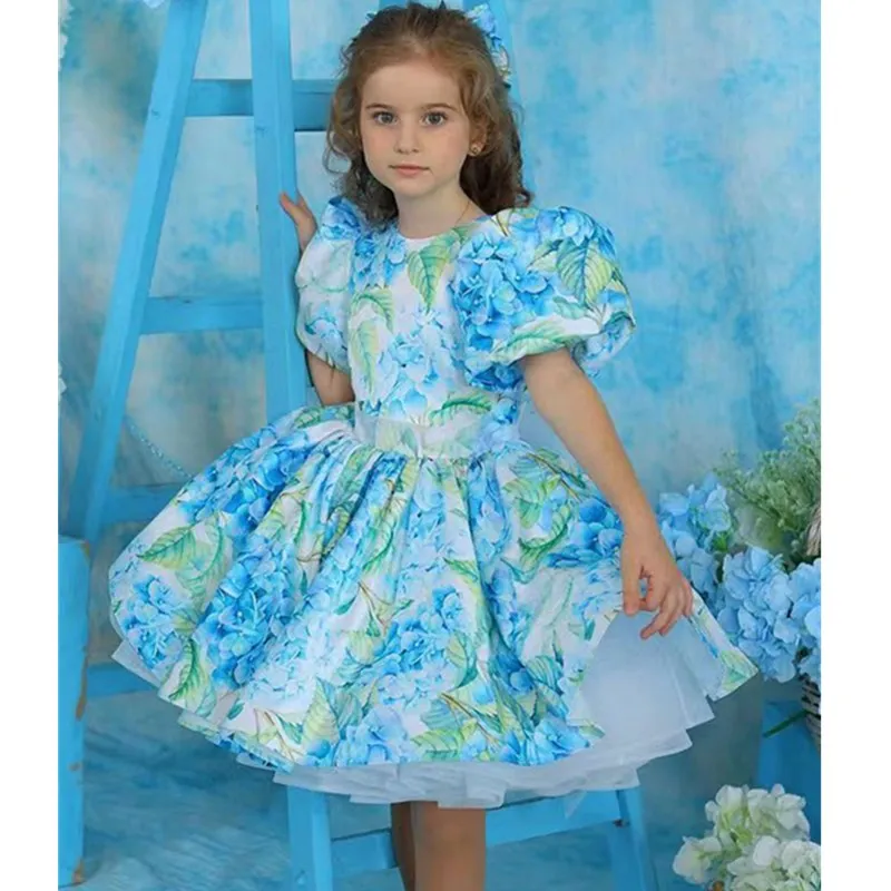 Luxury Girl Party Dress Birthday Party Evening Dress First Formal Christmas Gift Girl Printing Stage Performance Bow Dress