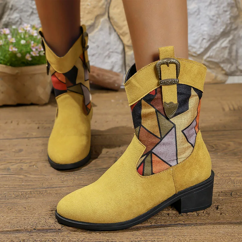 Botines de otoño para mujer, botas de vaquero del oeste de tacón medio con hebilla de cinturón de Metal a la moda, botines de tela con estampado colorido, zapatos sin cordones