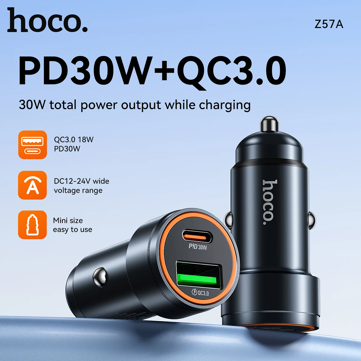 

HOCO Z57A Aluminum Alloy PD30W+QC3.0 Phone Charger in Car For iPhone 16/15/14/13 Pro Max Fast Charging Phone Car Charger Adapter